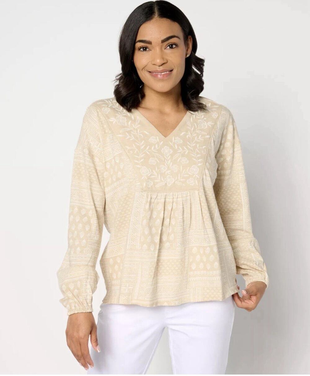 Denim & Co. Canyon Retreat Printed V-Neck Peplum Top Size 3X A633554